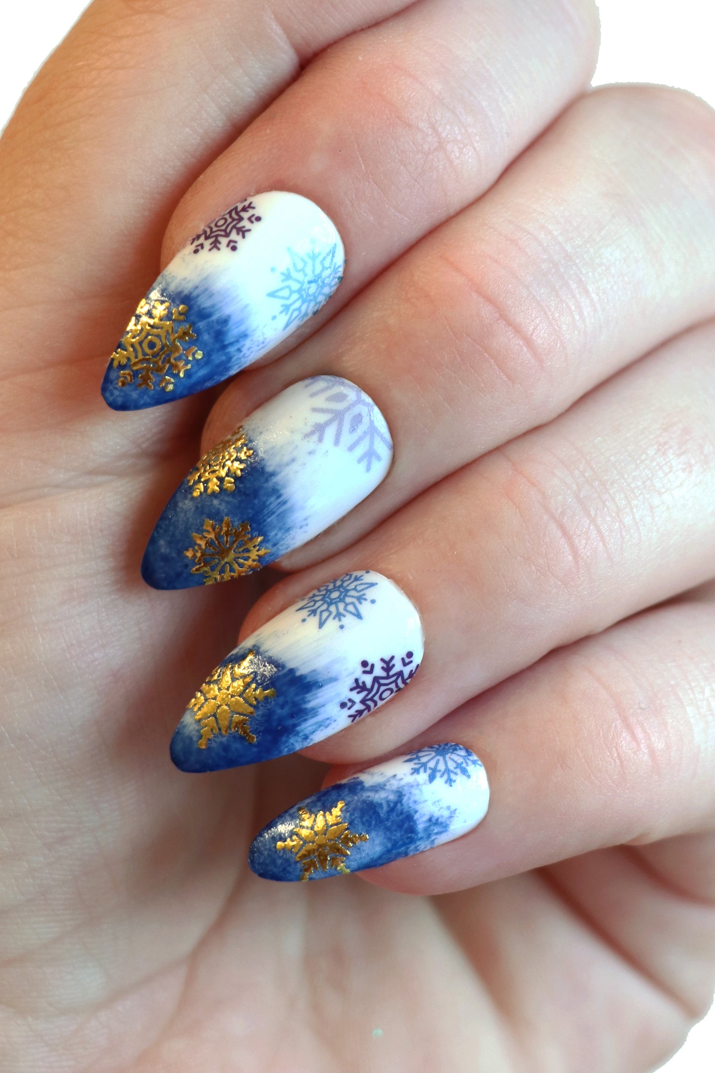 Blue and Gold Snowflake Waterslide Nail Decals for DIY nail art this winter