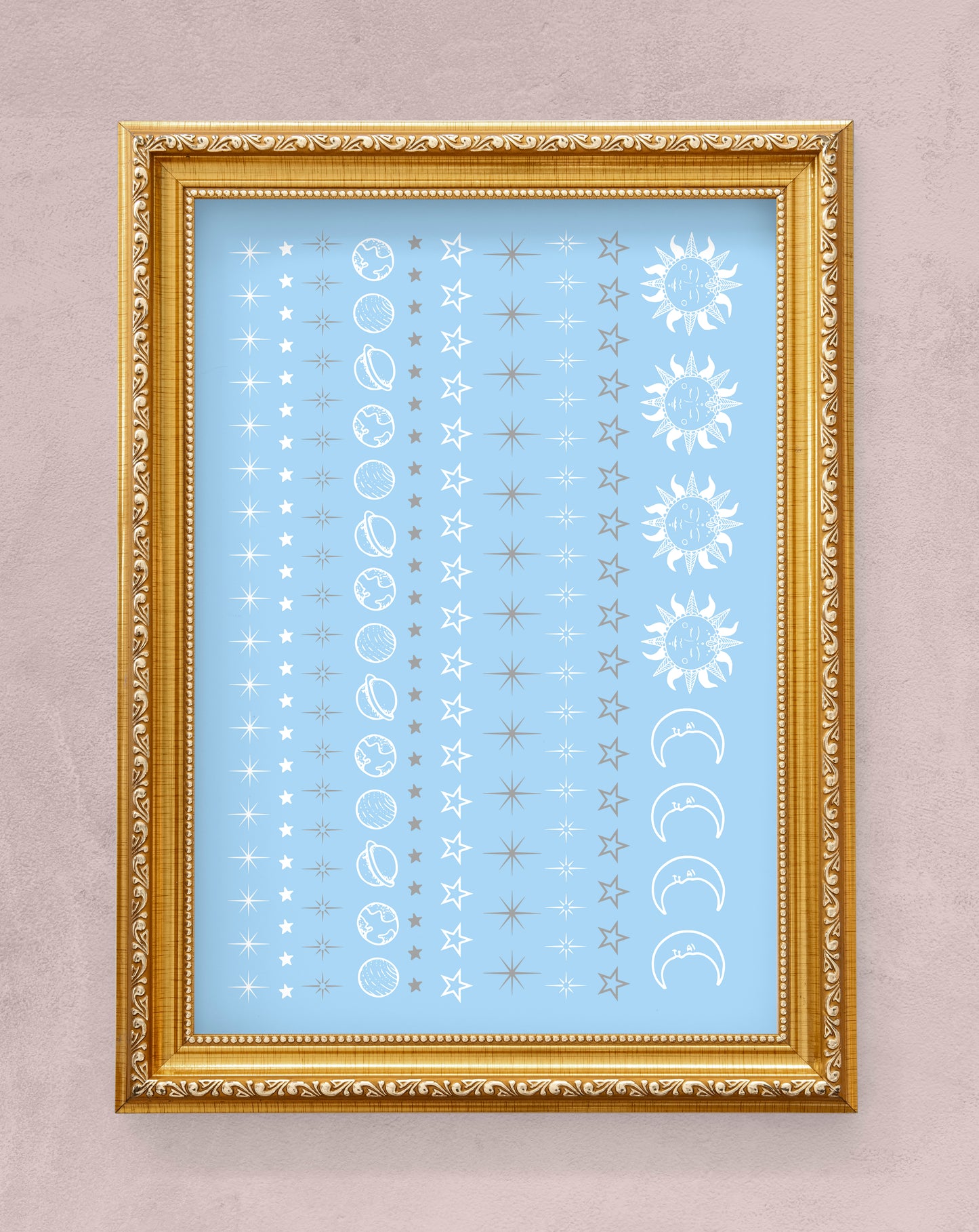 White and Silver Moon, Sun, and Stars Nail Decals sheet