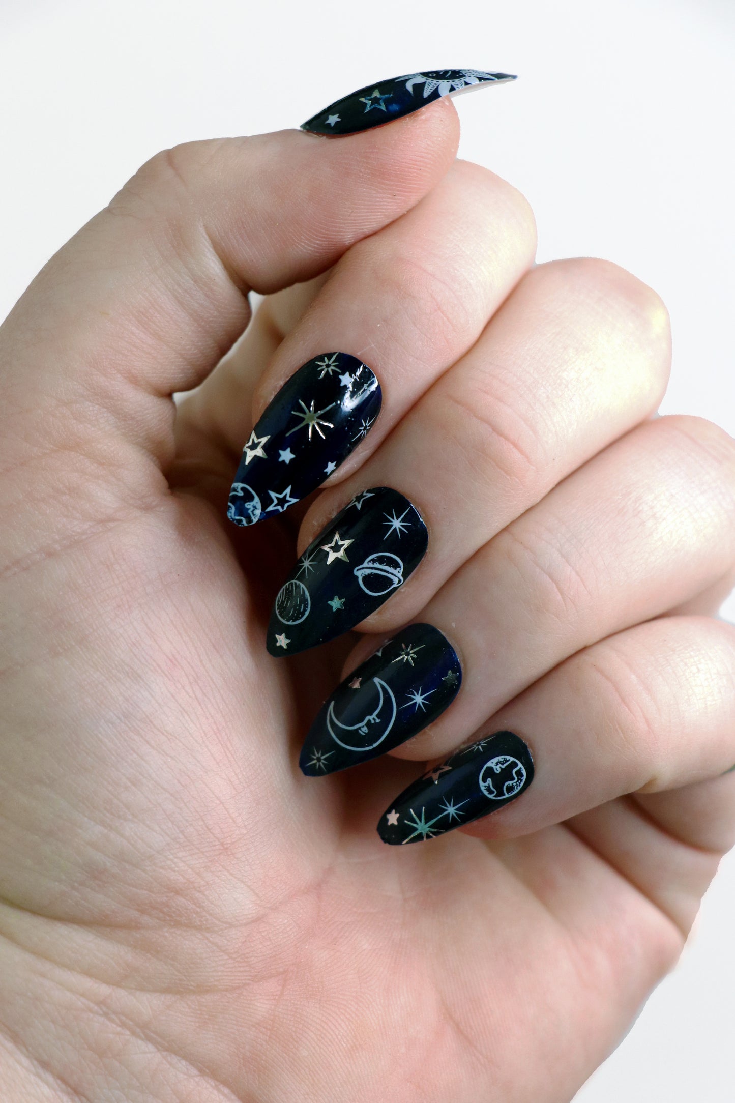 White and Silver Moon, Sun, and Stars Waterslide Nail Decals