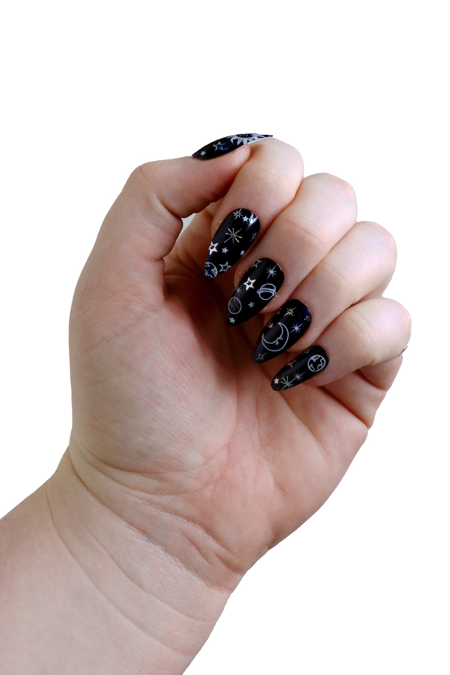 White and Silver Moon, Sun, and Stars Waterslide Nail Decals or nail stickers for diy nail art