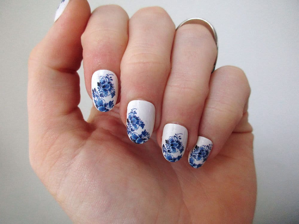 Delft Blue Flower Nail Decals for nail art