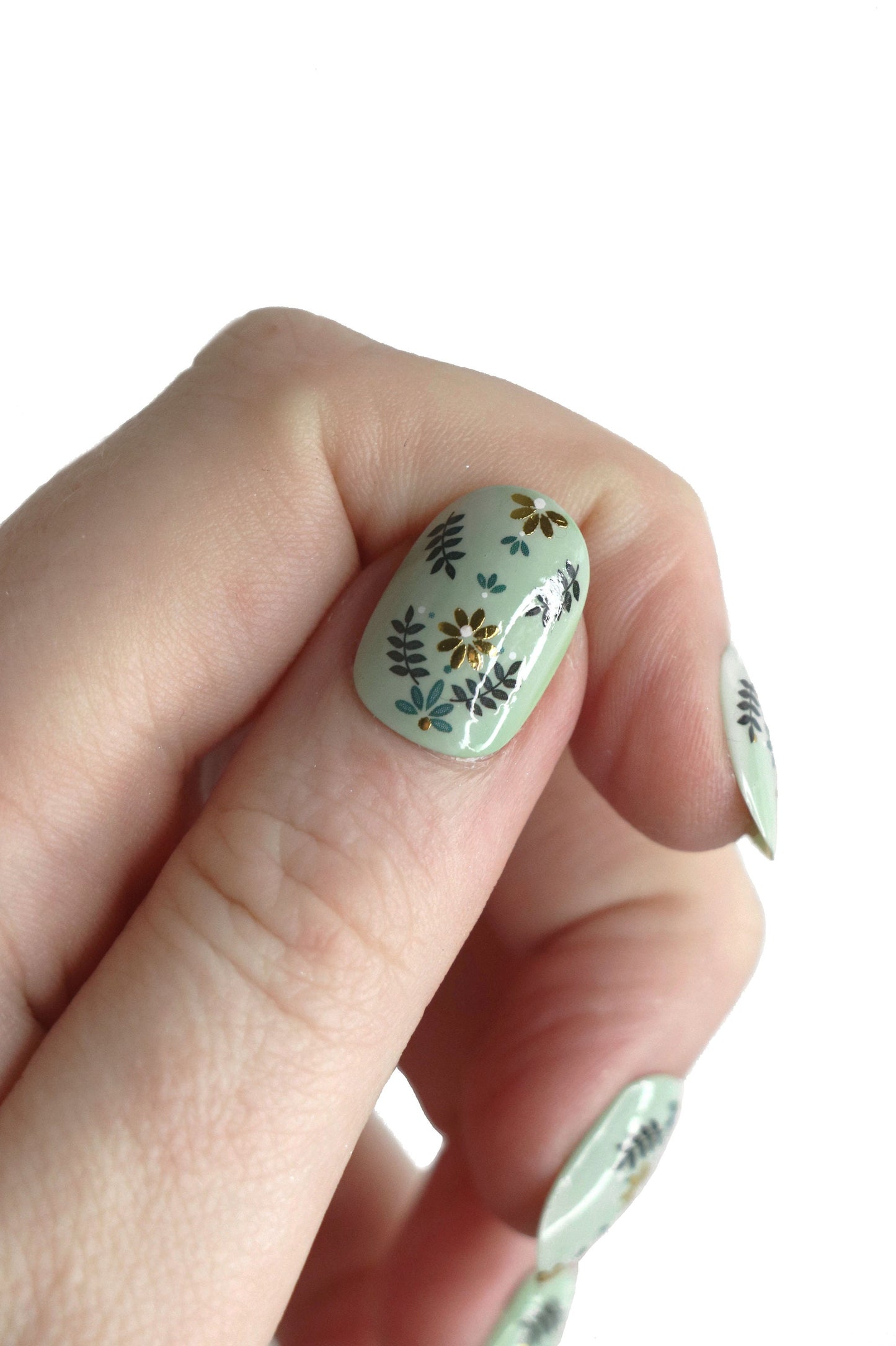 Blue, white and gold floral pattern nail decals