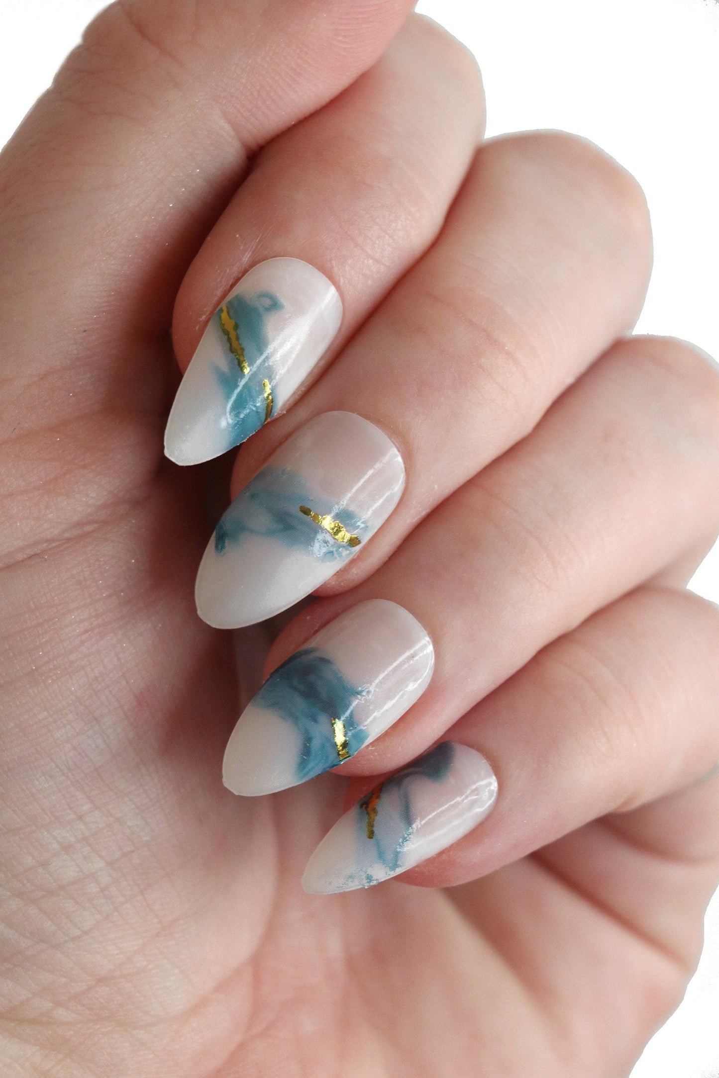 Blue and Gold Watercolor Waves Nail Decals