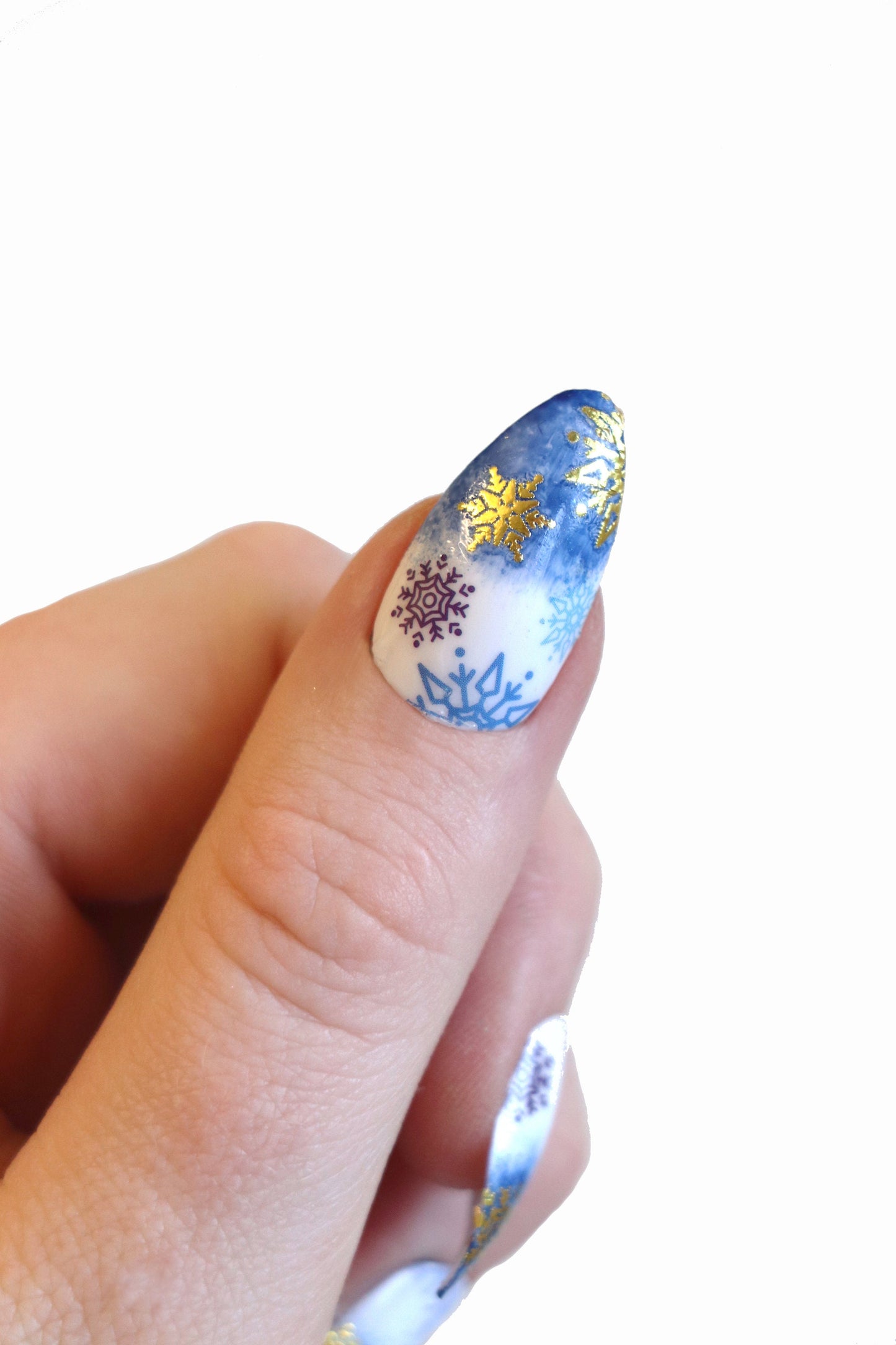 Blue and Gold Snowflake Waterslide Nail Decals for diy Christmas nail art