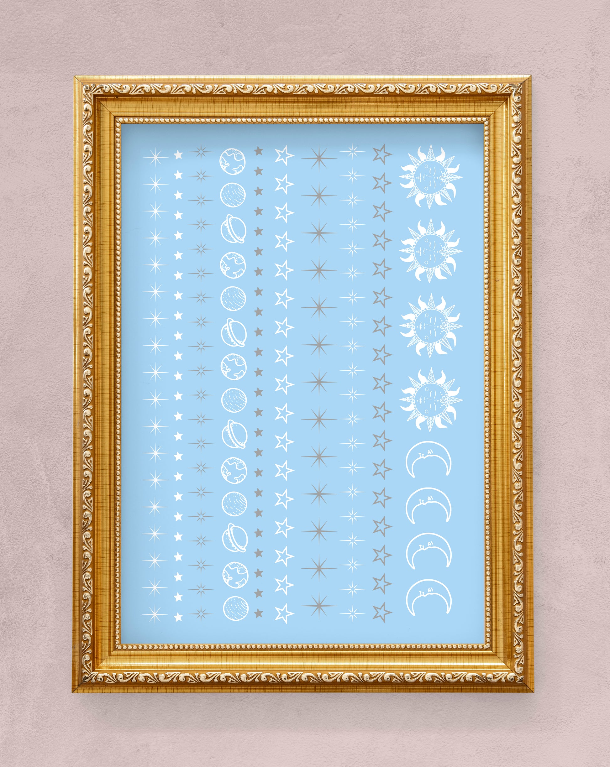 White and Silver Moon, Sun, and Stars Nail Decals sheet