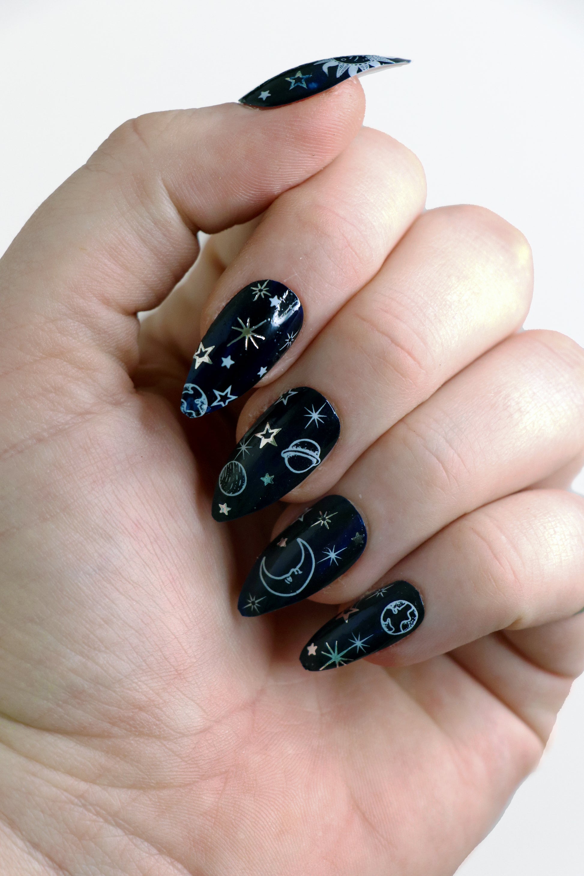 White and Silver Moon, Sun, and Stars Waterslide Nail Decals