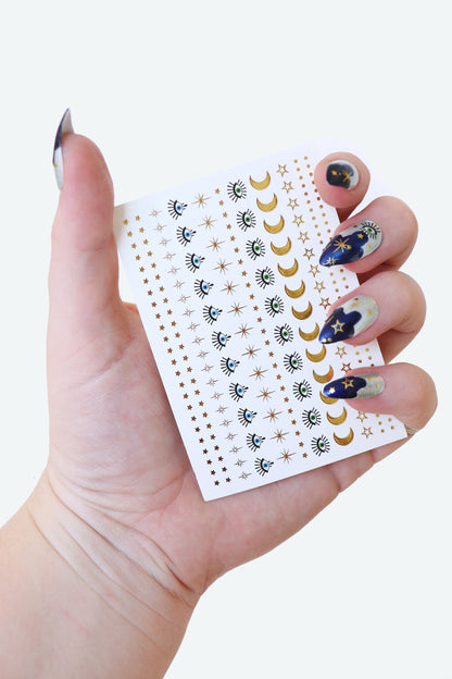 Celestial Stars, Moon, and Eye Waterslide Nail Decals sheet