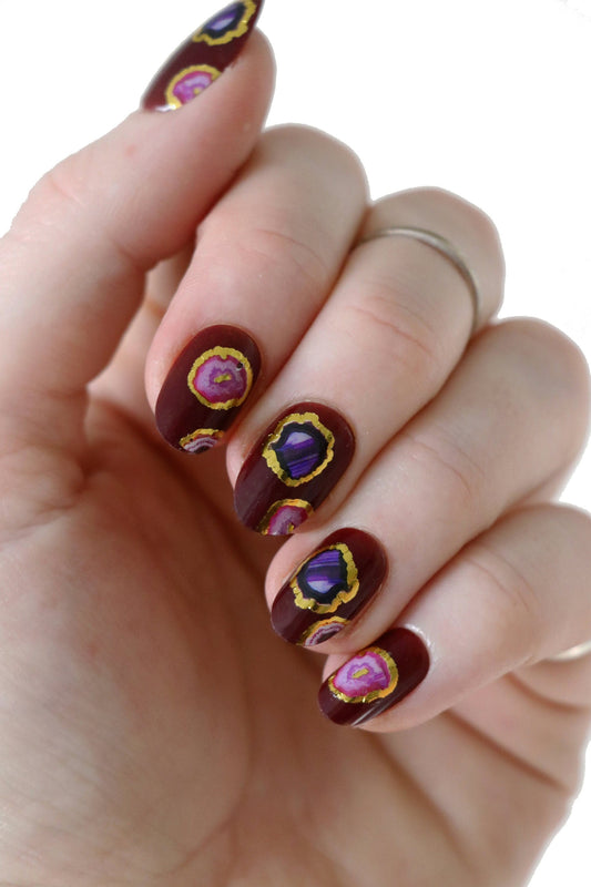 Agate slice waterslide nail decals | pink purple nail decals | gemstone nail art | agate slice nail stickers | gold water slide nail decals