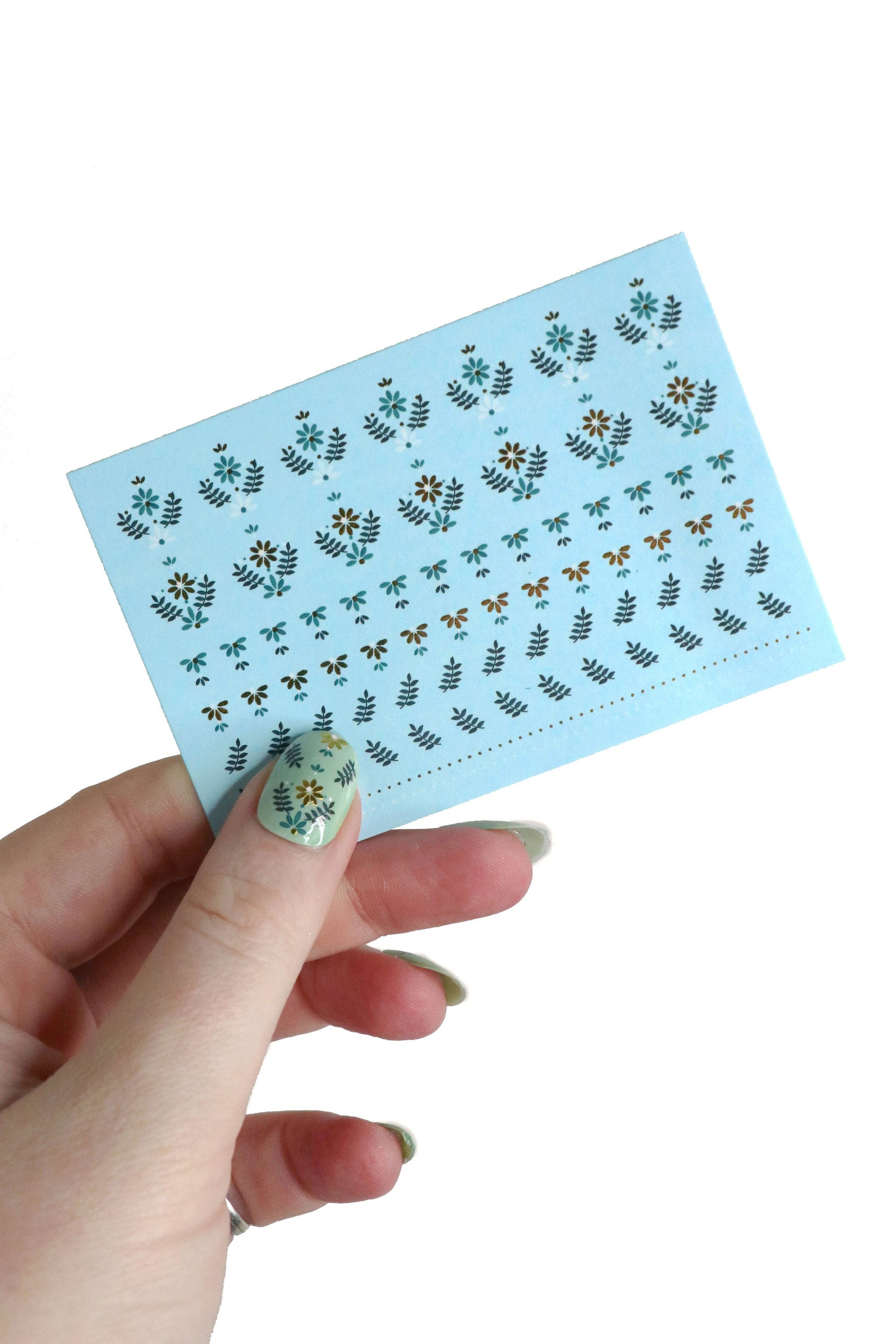 Blue, white and gold floral pattern waterslide nail decal sheet